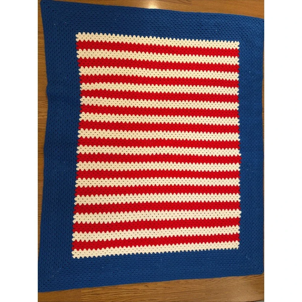 Patriotic Crochet Afghan Throw Blanket 50”x60” Red White Blue Stars Stripes